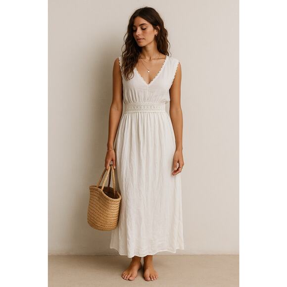 Terzo Millennio Italy White Lace Trim Maxi Dress Boho Cottagecore M Swim Cover - Picture 1 of 5